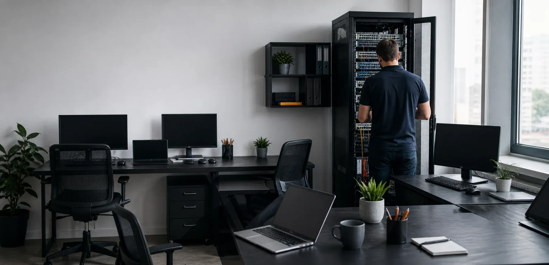 IT-спеціаліст налаштовує техніку в невеликому офісі Києва